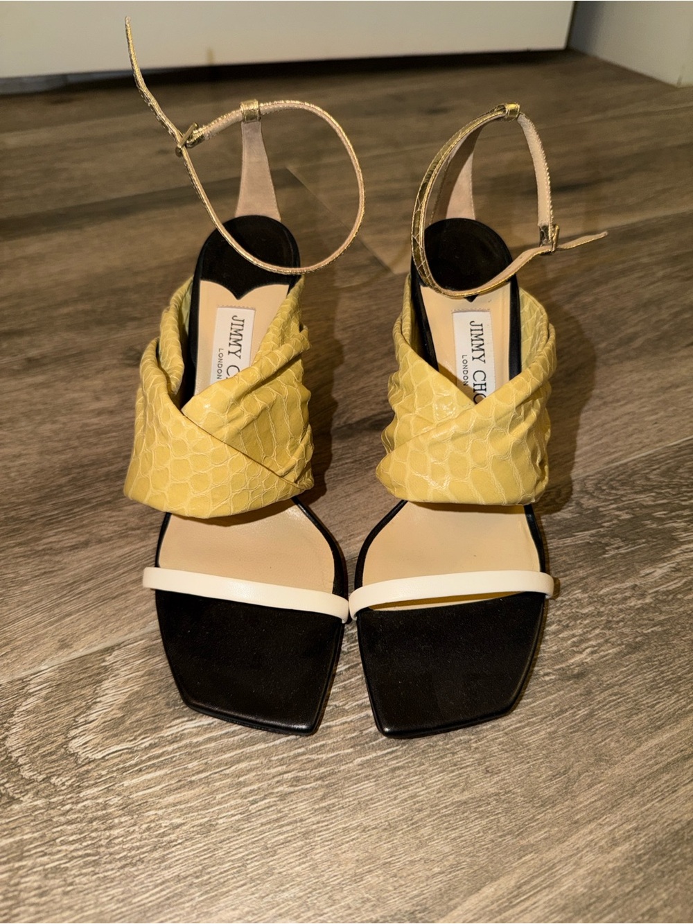 Jimmy Choo Yellow and White Ankle-Strap Heels